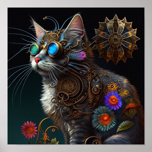 Cute fantasy steampunk cat and blommor AI art Poster (Framsidan)