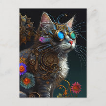 Cute fantasy steampunk cat and blommor AI art