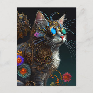Cute fantasy steampunk cat and blommor AI art Vykort