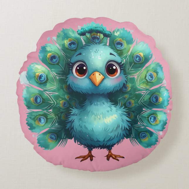 Cute Fantasy whimsical Blue Peacock Rund Kudde (Framsidan)