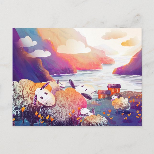 Cute får i bergen nära sjö vykort (Framsida)