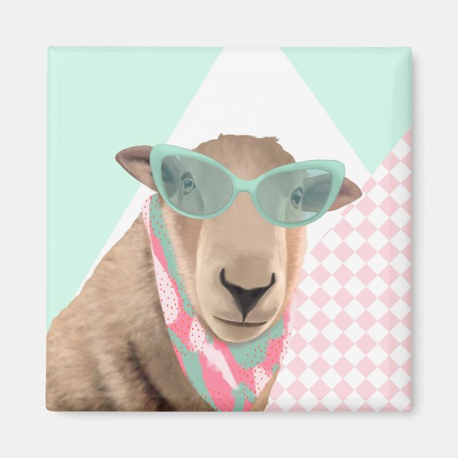 Cute Får med glas Magnet (Framsidan)
