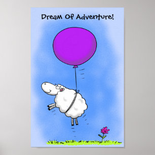Cute får som flyger med rosa ballong-tecknad poster