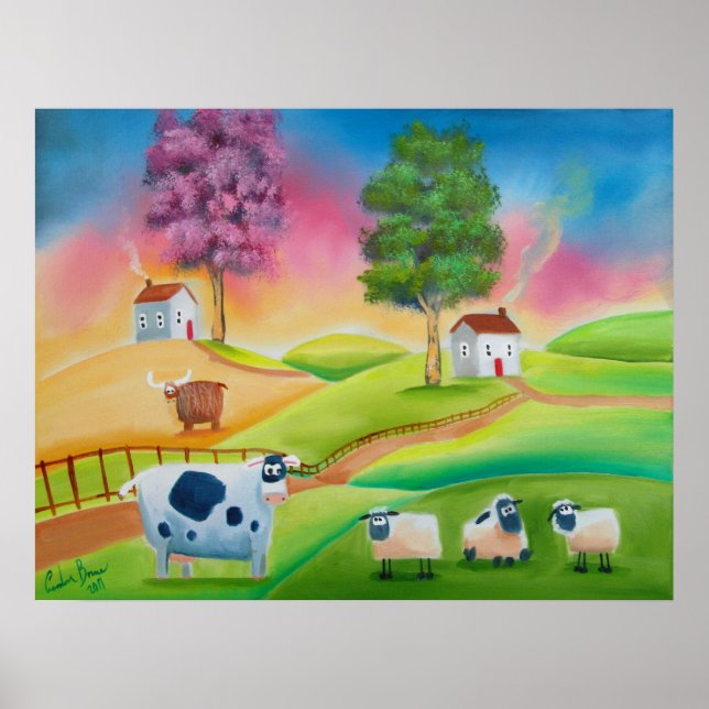 Cute fårcows folk art naive tavla G Bruce Poster (Framsidan)
