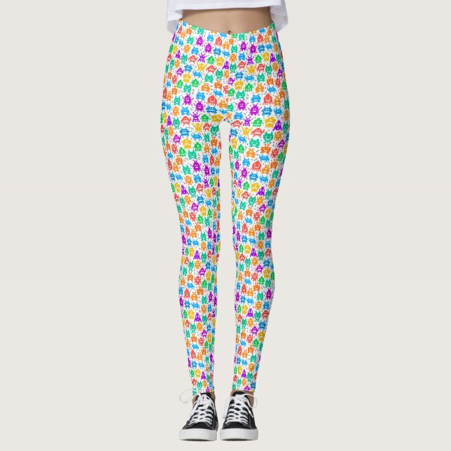 Cute-färgade pixelmonster mönster leggings (Framsida)