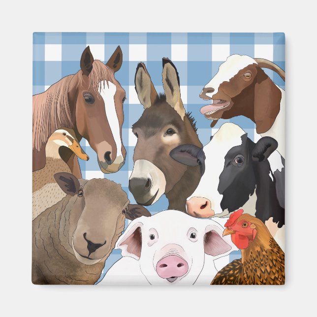 Cute Farm Animal Porträtt Gingham Check - Blue Magnet (Framsidan)