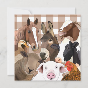 Cute Farm Animal Porträtt Gingham Check - Brown
