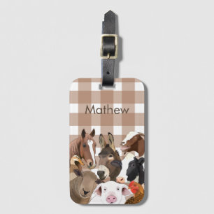 Cute Farm Animal Porträtt Gingham Check - Brown Bagagebricka