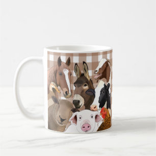Cute Farm Animal Porträtt Gingham Check - Brown Kaffemugg