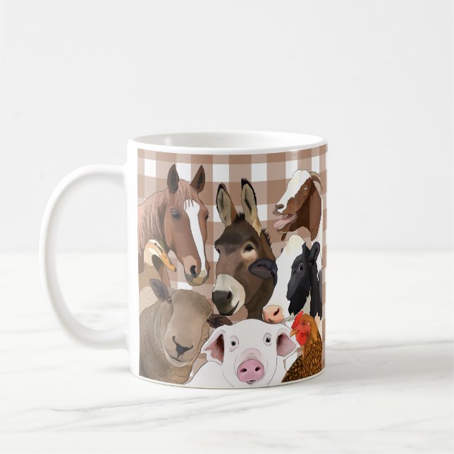 Cute Farm Animal Porträtt Gingham Check - Brown Kaffemugg (Vänster)