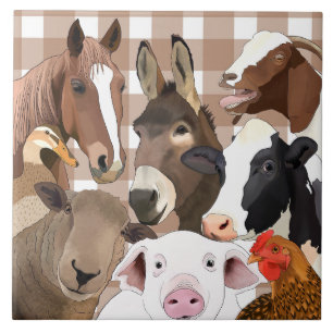 Cute Farm Animal Porträtt Gingham Check - Brown Kakelplatta
