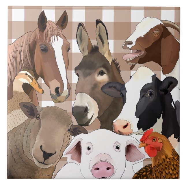 Cute Farm Animal Porträtt Gingham Check - Brown Kakelplatta (Framsidan)