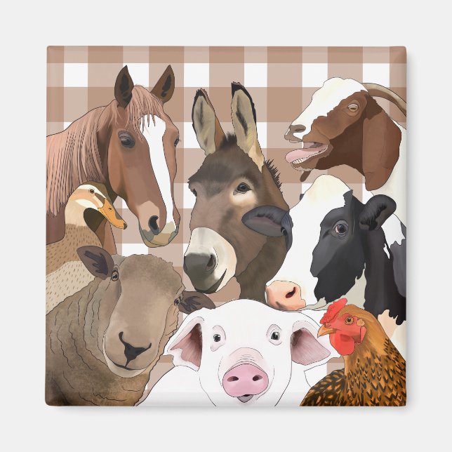 Cute Farm Animal Porträtt Gingham Check - Brown Magnet (Framsidan)