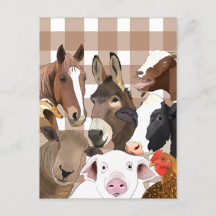 Cute Farm Animal Porträtt Gingham Check - Brown Vykort