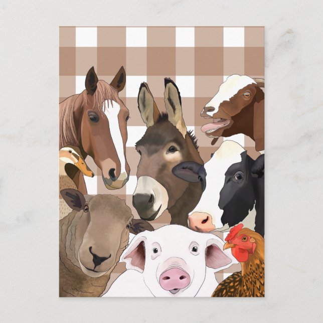 Cute Farm Animal Porträtt Gingham Check - Brown Vykort (Framsida)