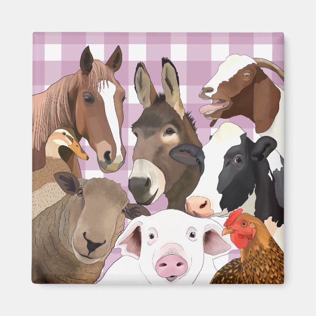 Cute Farm Animal Porträtt Gingham Check - Lila Magnet (Framsidan)