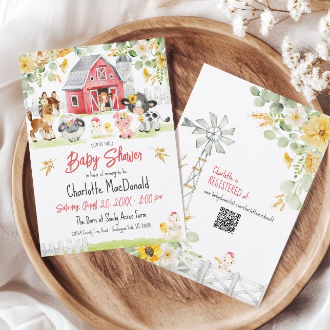 Cute Farm Barnyard Animals Red Barn Baby Shower Inbjudningar (Red Barn farm chick cow pig horse watercolor flowers barnyard animals QR code baby shower invitation)