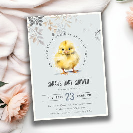 Cute Farm Chick Blue Boy Blommigt Baby Shower Inbjudningar