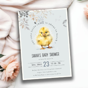 Cute Farm Chick Blue Boy Blommigt Baby Shower Inbjudningar