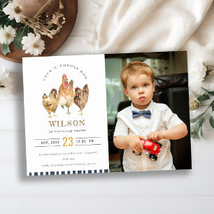 Cute Farm Chicken Watercolor Foto Birthday Inbjuda Tack Kort