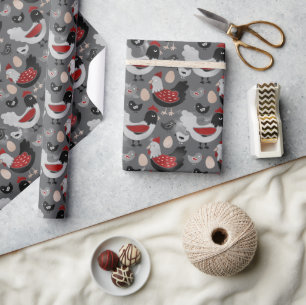 Cute Farm Chickens Grått och Red Modern Rustic Presentpapper