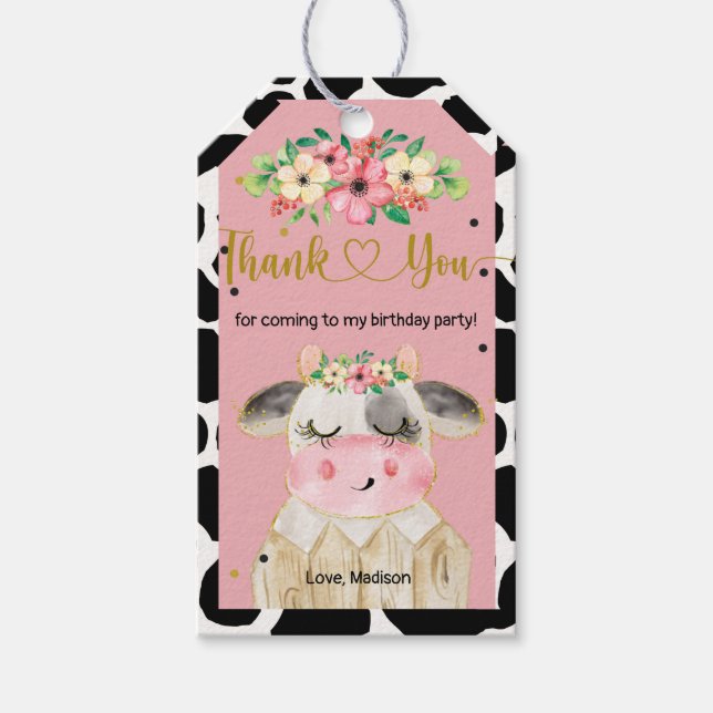 Cute Farm Cow Blommigt Gift-Märkre Presentetikett (Framsidan)