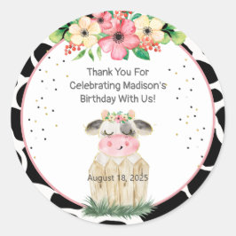 Cute Farm Cow Blommigt Girls Birthday Sticker Runt Klistermärke