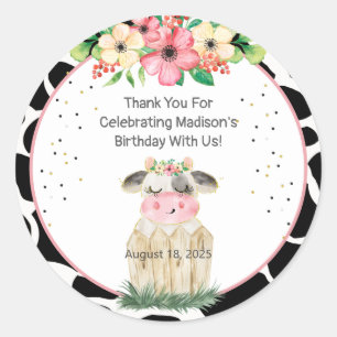Cute Farm Cow Blommigt Girls Birthday Sticker Runt Klistermärke