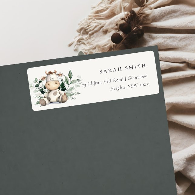 Cute Farm Cow Foliage Pastel Neutralt Barns födels Returadress Etikett (Skapare uppladdad)
