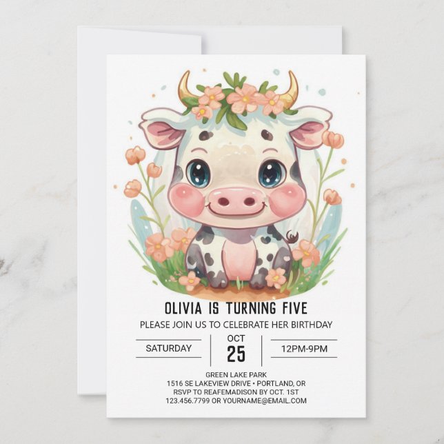 Cute Farm Girly Cow Birthday Inbjudningar (Framsida)