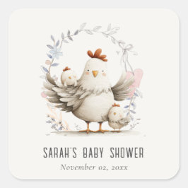 Cute Farm Mum and Baby Chick Floral Baby Shower Fyrkantigt Klistermärke