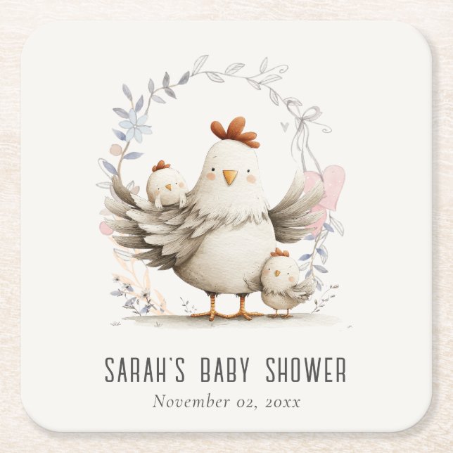 Cute Farm Mum and Baby Chick Floral Baby Shower Underlägg Papper Kvadrat (Framsidan)
