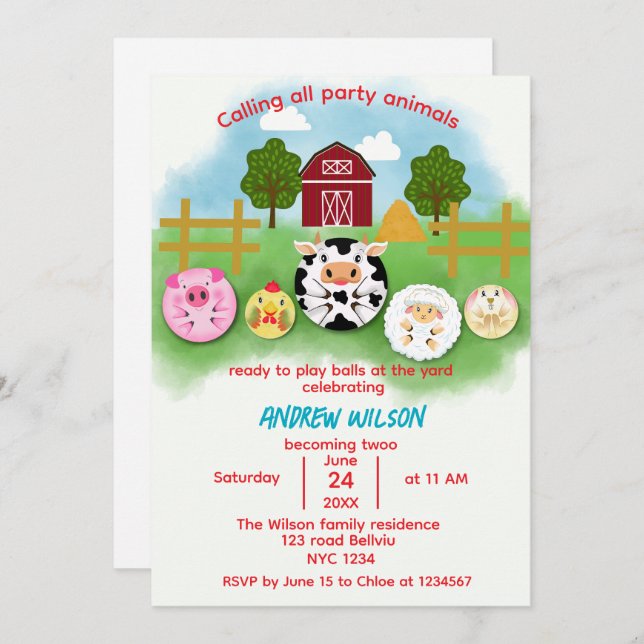 Cute Farm Party Animals Balls Birthday Invitation Inbjudningar (Fram/baksida)