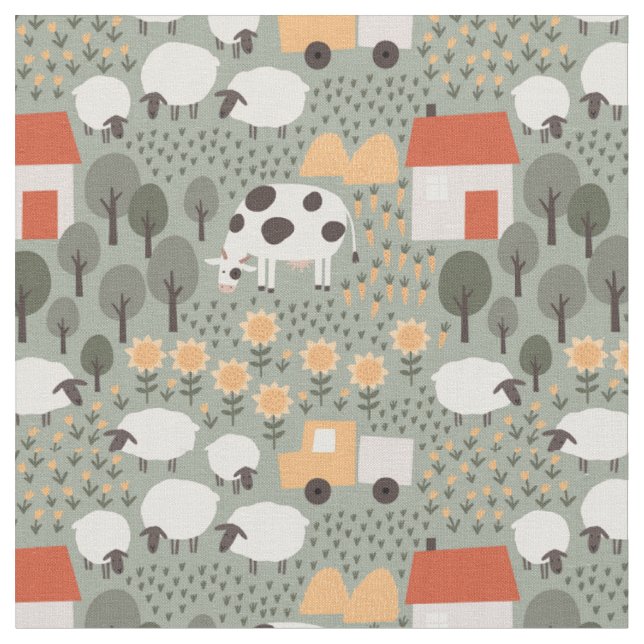 Cute Farm Scene Mönster Tyg (Närbild)