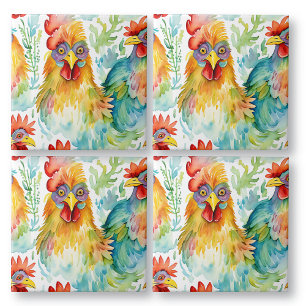 Cute Farm Watercolor Chickens Birthday Kakelplatta