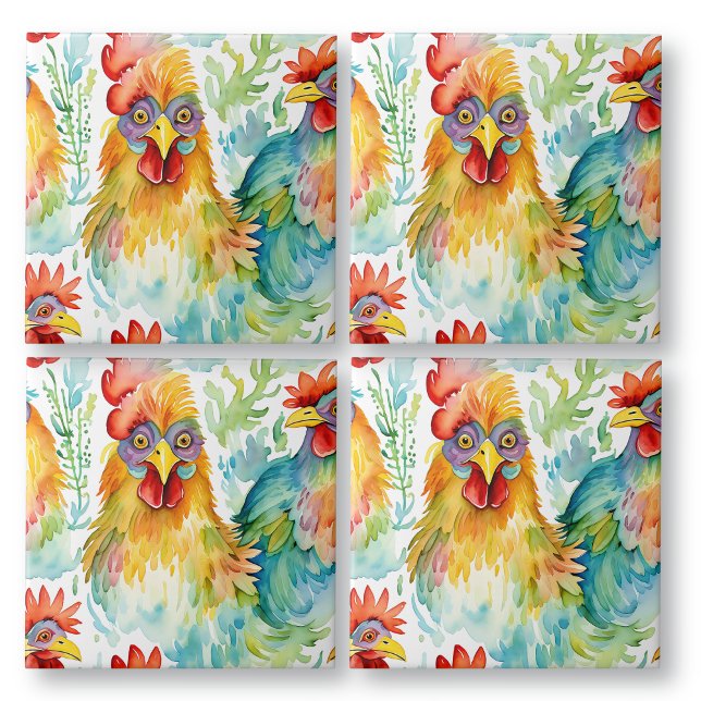 Cute Farm Watercolor Chickens Birthday Kakelplatta (Skapare uppladdad)