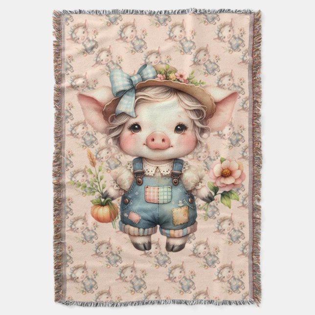 Cute Farmcore Gris i Overalls med Flowers Filt (Framsidan Vertikal)