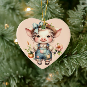 Cute Farmcore Gris i Overalls med Flowers Julgransprydnad Keramik