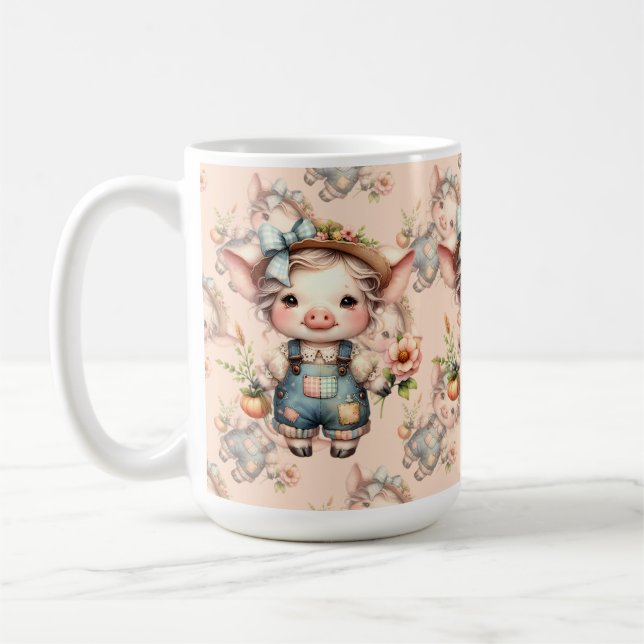 Cute Farmcore Gris i Overalls med Flowers Kaffemugg (Vänster)