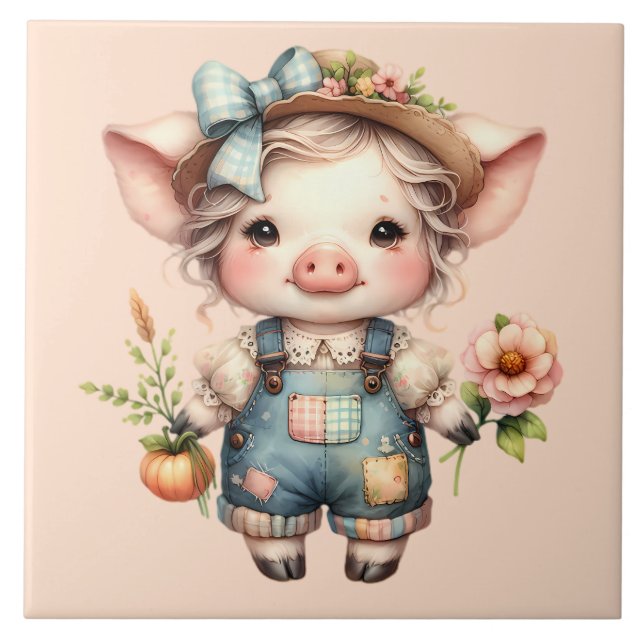 Cute Farmcore Gris i Overalls med Flowers Kakelplatta (Framsidan)