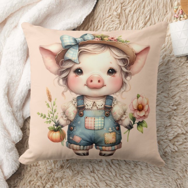 Cute Farmcore Gris i Overalls med Flowers Kudde (Filt)