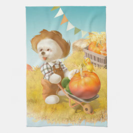 Cute Farmer Hund med Pumpkin Kökshandduk