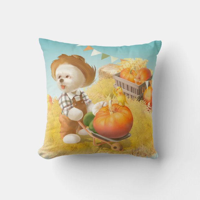 Cute Farmer Hund med Pumpkin Kudde (Framsida)