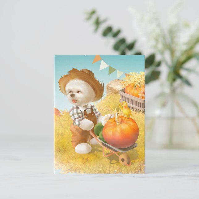 Cute Farmer Hund med Pumpkin Meddelande Vykort (Stående Fram)