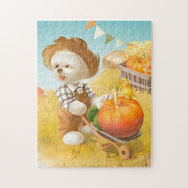 Cute Farmer Hund med Pumpkin Pussel (Vertikal)
