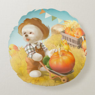 Cute Farmer Hund med Pumpkin Rund Kudde