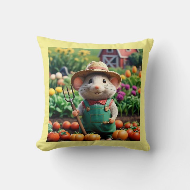 Cute Farmer Mouse i Garden Dekorativ kudde (Framsida)