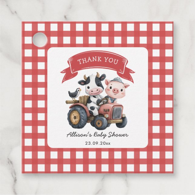 Cute Farmhouse Animals Baby Shower Red Rand Gåvor Etiketter (Framsida)