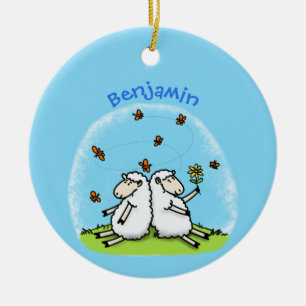 Cute fårvänner och fjärilar tecknad julgransprydnad keramik
