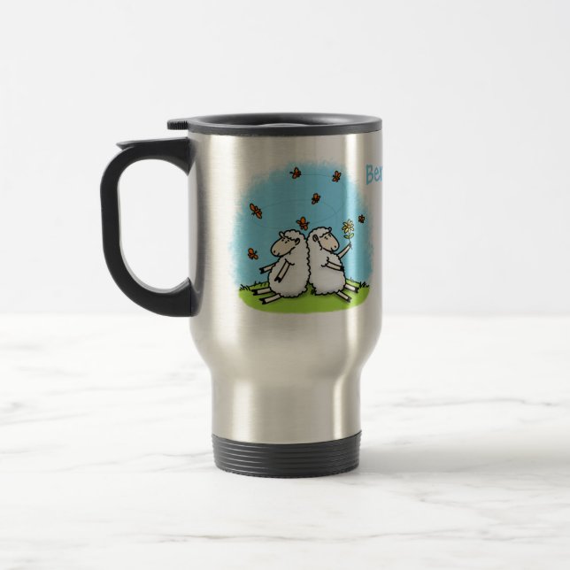 Cute fårvänner och fjärilar tecknad resemugg (Vänster)